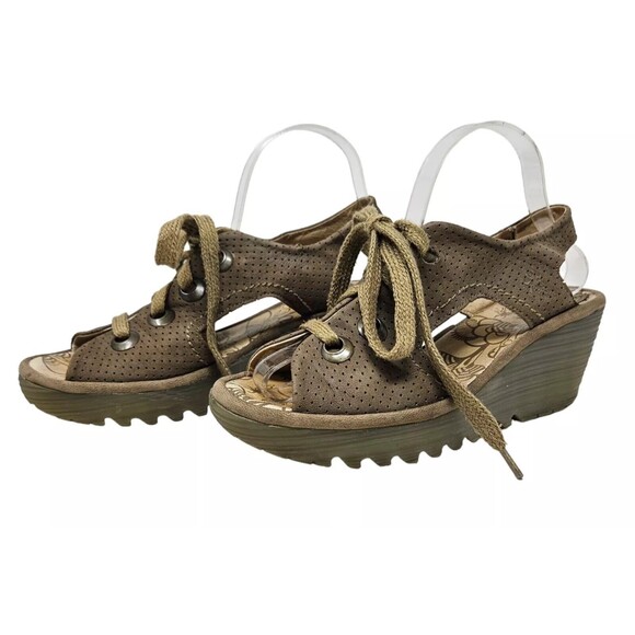 FLY London Shoes - FLY LONDON Yiva Wedge Sandals EUR 39 US 8, 8.5 Olive Brown Lace Up Perforated